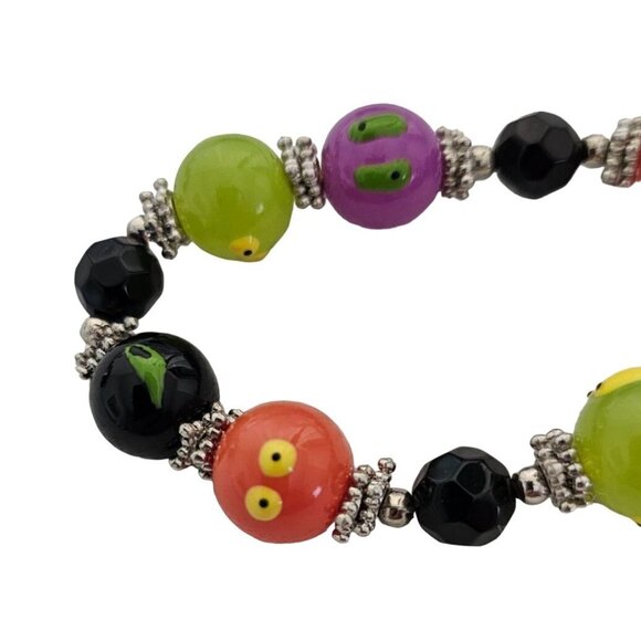 Colorful Beaded Stretch Bracelet With Black Green Purple & Orange Beads - Picture 3 of 6